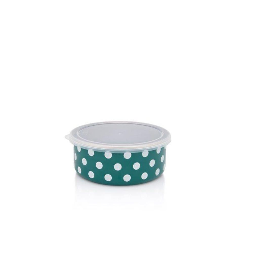 Metalac višenamjenskasa posuda sa PVC poklopcem (prečnik 16 cm) GREEN DOTS - zelena sa bijelim tufnama slika 1