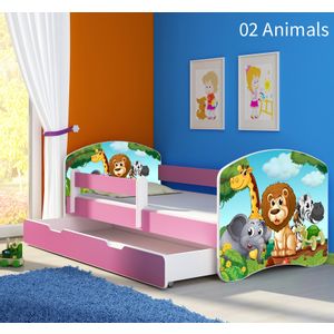 Dječji krevet ACMA s motivom, bočna roza + ladica 140x70 cm 02-animals