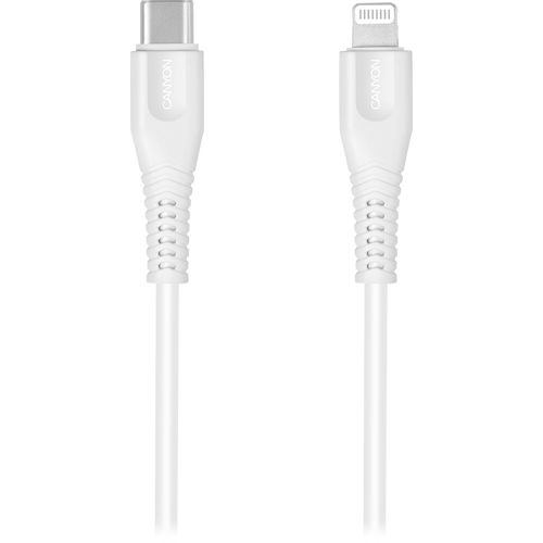 CANYON MFI-4 Type C Cable To MFI Lightning for Apple, PVC Mouling,Function: with full feature( data transmission and PD charging) Output:5V/2.4A, OD:3.5mm, cable length 1.2m, 0.026kg,Color:White slika 1