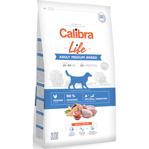 Calibra Dog Life Adult Medium Breed Chicken, potpuna i uravnotežena superpremium hipoalergena dehidrirana hrana odrasle pse srednje velikih pasmina (10–30 kg), 12 kg slika 1