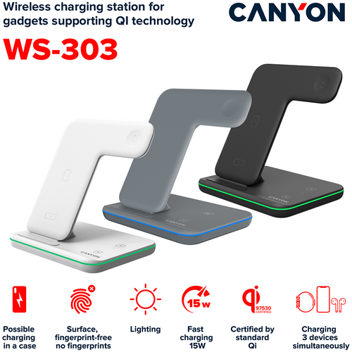 CANYON Bežični punjač WS-303 15W 3u1 Sivi slika 10