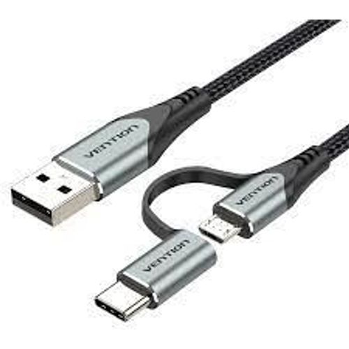 Vention USB 2.0 A Male to 2-in-1 Micro-B USB-C Male Cable 1M, Gray slika 1