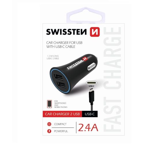 SWISSTEN punjač za auto, 2xUSB, 2.4A, crni + kabel za punjenje USB - USB-C slika 1
