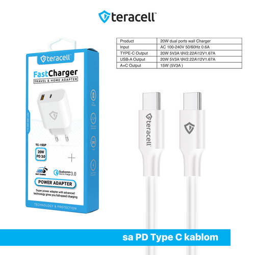 Kucni punjac Teracell Evolution TC-15GP, QC 3.0, PD 3.0, 20W sa PD Type c kablom beli CE slika 4