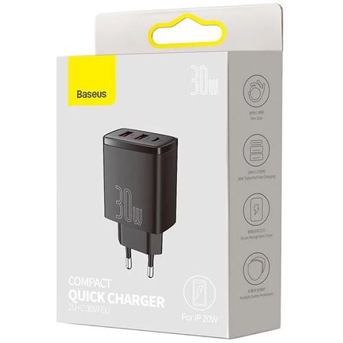 Punjač za mobitel Baseus Compact Quick Charger 2xUSB+USB-C 30W EU, zidni, crni slika 6