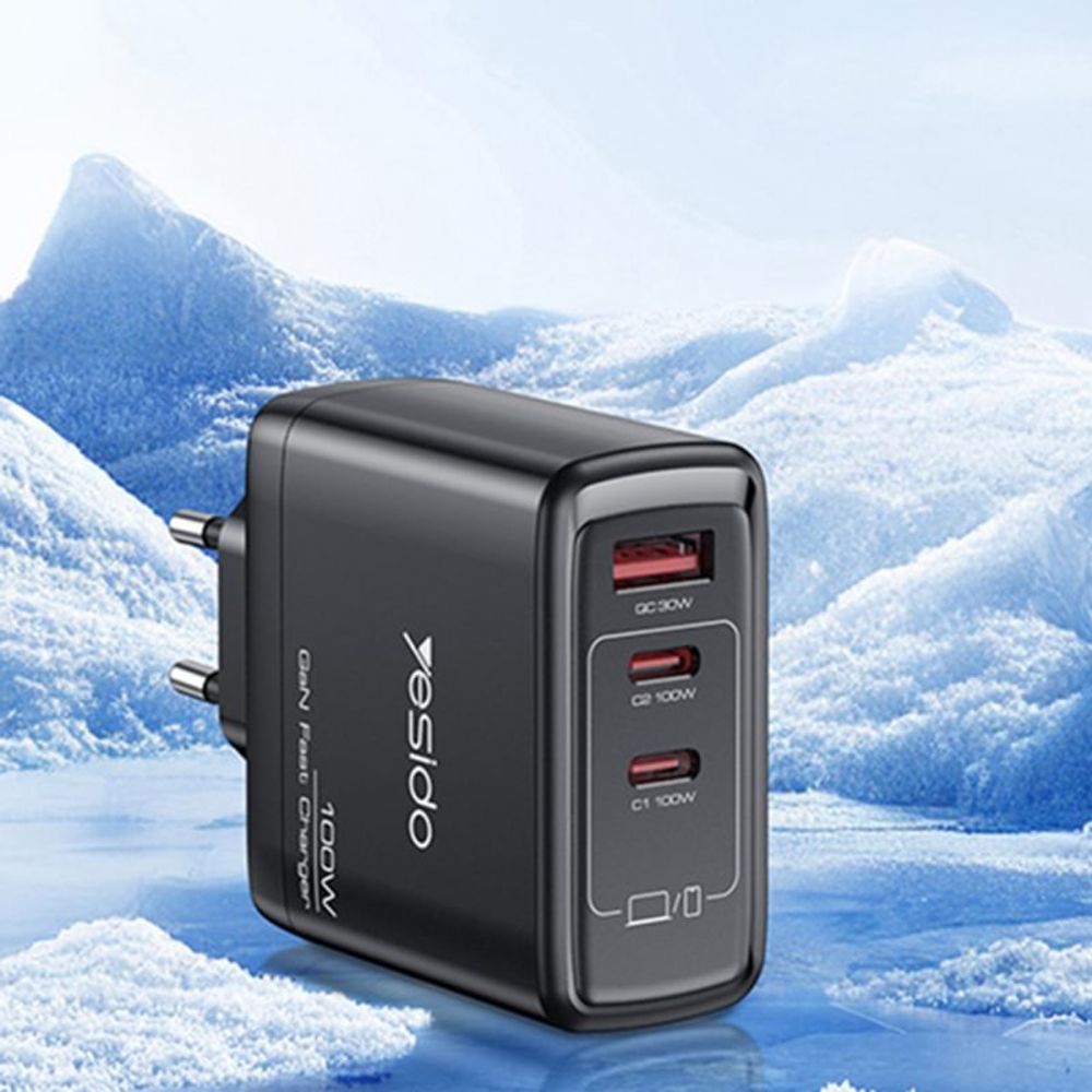 Zidni punjač Yesido YC142 100W 5A 1 x USB-A - 2 x USB-C crni slika 2