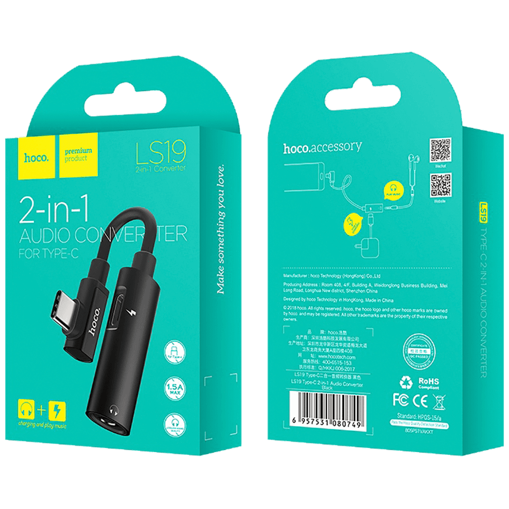hoco. Adapter za slušalice 2in1, USB type C na type C / 3.5 mm - LS19 Type-C to 3.5 mm slika 2
