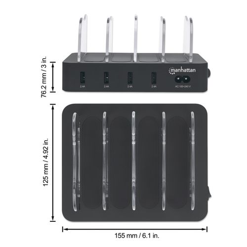 USB punjač 4-port Manhattan 102261 5V/2.4V/34W/držač za telefon Crni slika 2