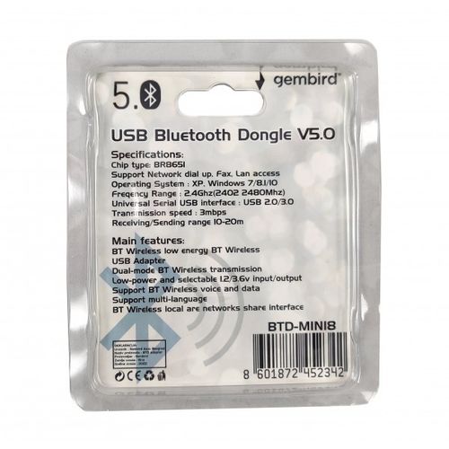 BTD-MINI8 ** Gembird USB2.0/3.0  Bluetooth dongle v5.0, 2.4Ghz 3MB/s(24Mbps) 8dBm 20m BR8651(399) slika 2