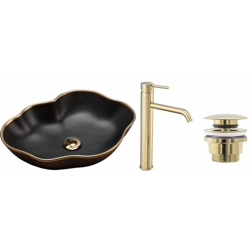 REA SET PEARL BLACK MATT GOLD EDGE + PIPA VISOKA LUNGO L.GOLD + ČEP L.GOLD slika 2