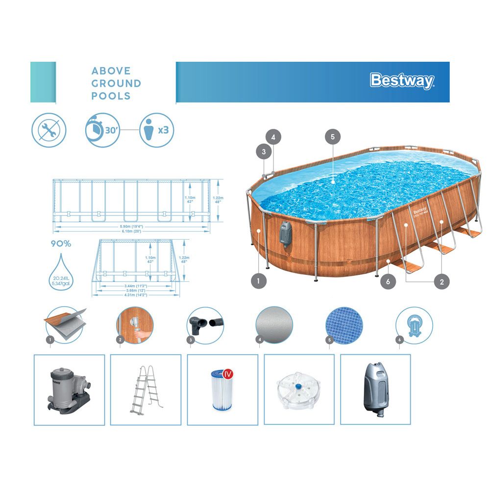 Bestway Frame Pool 610x366x122 Board 10in1 Pumpa Ljestve + LED 56719 slika 4