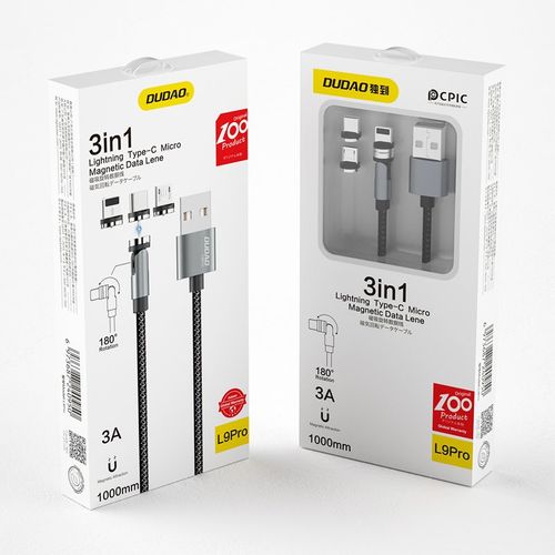 Dudao magnetski USB kabel + komplet utikača Lightning / USB Type C / Micro USB 3 A 1 m siva slika 1