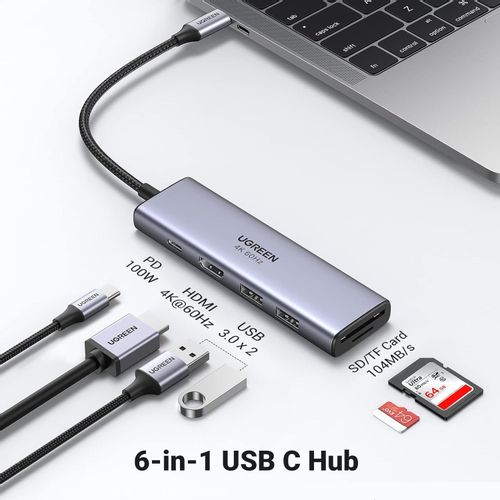 Ugreen 6u1 USB-C HUB 4K HDMI + čitač kartica + 2xUSB + PD 100W slika 2