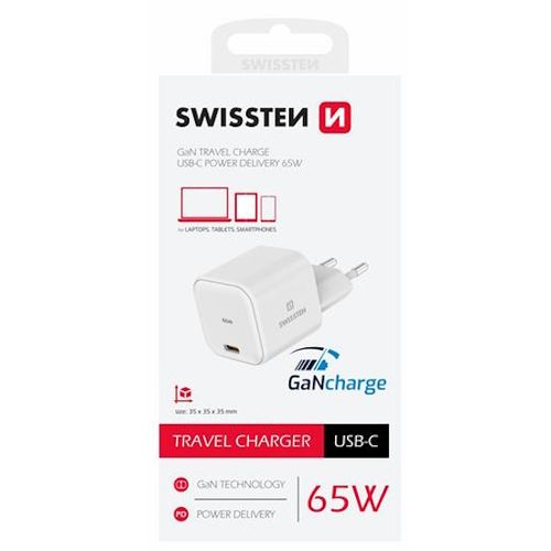 SWISSTEN punjač GaN 1x USB-C 65W POWER DELIVERY, bijeli slika 1
