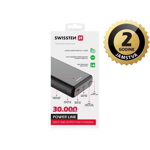 Dodatna baterija - Power Bank SWISSTEN 30000mAh, 20W, PD, QC, svi utori, crna slika 1