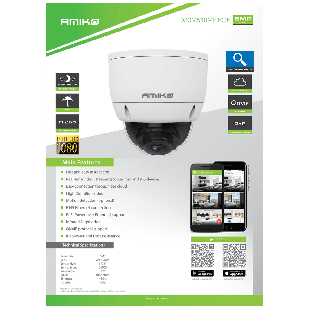 Amiko Home Kamera IP, 5 MP 1/2.8" SONY Starvis, PoE, H.265 - D30M510B MF PoE slika 2