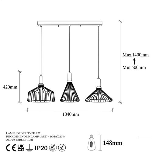 Opviq Visilca DEARLINE  metal crna, 104 x 34 cm, visina 50-140 cm. Dimenzije sjenila 32 34 i 36 cm, 3X E27 15 W, Dear - 11220 slika 7