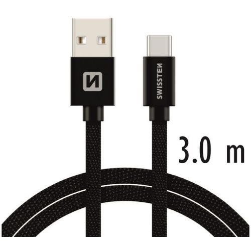 SWISSTEN kabel USB/USB-C, platneni, 3A, 3m, crni slika 1