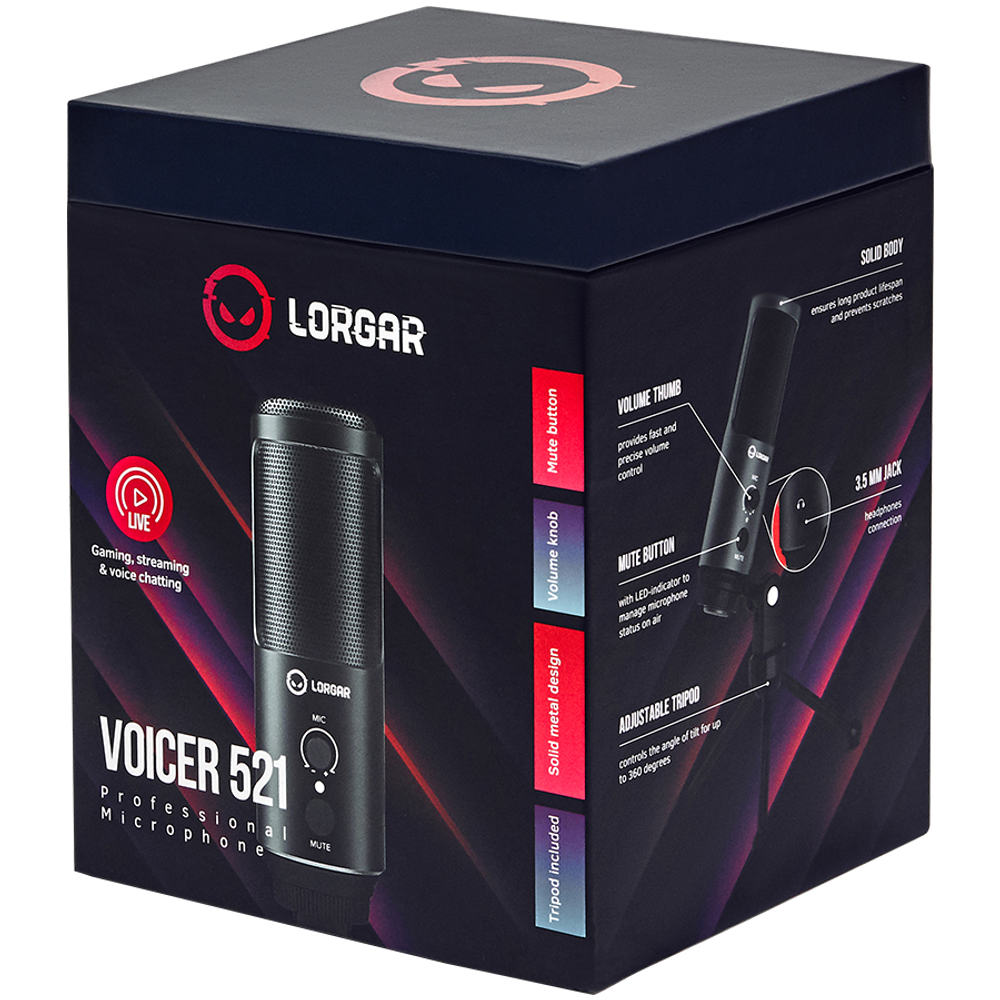 LORGAR Voicer 521, Gaming Mikrofon, Crni, USB kondenzatorski mikrofon sa kontrolom jačine zvuka, 3.5MM priključkom za slušalice, dugmetom za isključivanje i LED indikatorom slika 5