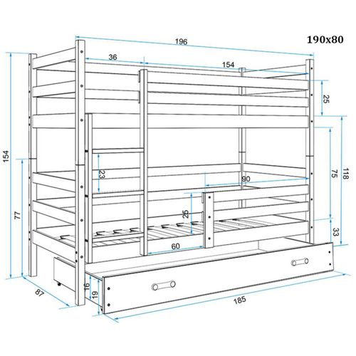 Drveni dječji krevet na kat Rico s ladicom - bukva - bijeli - 190*80cm slika 3