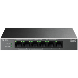TP-Link LS106LP 6-Port 10/100 Mbps Desktop Switch with 4-Port PoE, 4× 10/100 Mbps PoE Ports, 2× 10/100 Mbps Non-PoE Ports, 802.3af, 41 W PoE Power, Desktop Steel Case, Extend Mode for 250m PoE Transmitting, PoE Auto Recovery, Plug and Play