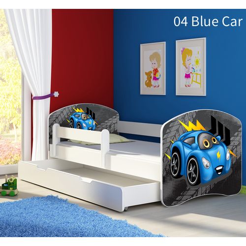 Dječji krevet ACMA s motivom, bočna bijela + ladica 140x70 cm 04-blue-car slika 1