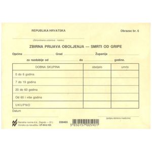 III-6-103 ZBIRNA PRIJAVA OBOLJENJA - SMRTI OD GRIPE (Obrazac 6); Kartica, 14,8 x 10,5 cm