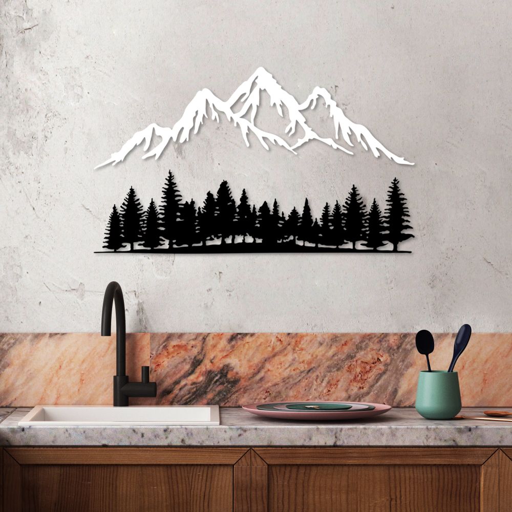 Nature And Mountain - Dekorativni Metalni Zidni Ukras u Crno-Bijeloj Boji slika 1