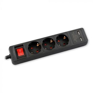 Produzni kabl 1,4m 3xsuko sa sklopkom + 2xUSB, Crn