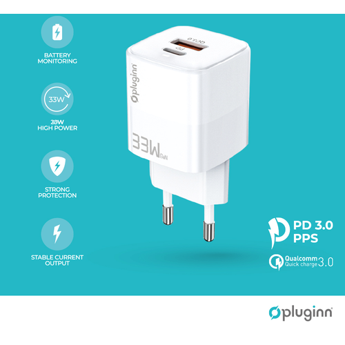 Kućni punjač Pluginn PI-D73-33w, QC3.0 PD3.0, PPS, USB-PD 20W+33W, 53W (total) sa PD Type C kablom beli slika 1