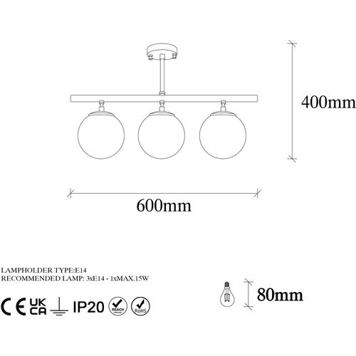 Opviq Stropna lampa ATMACA 3 crna, metal- staklo, 60 x 15 cm, visina 37 cm, promjer kugli 15 cm, 3 x E27 15W, Atmaca - 10280 slika 7