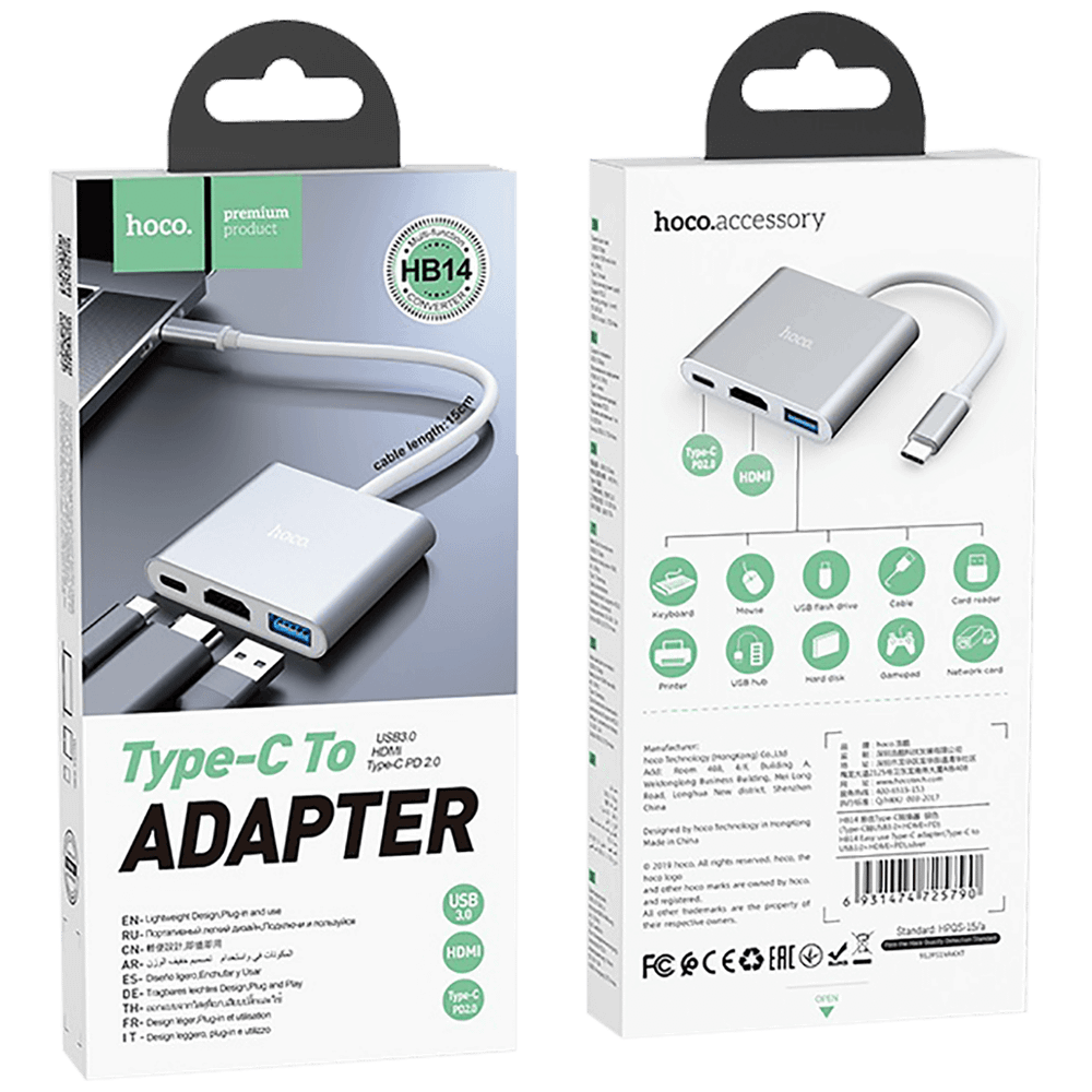 hoco. Konverter USB HUB type C to USB3.0/HDMI/PD - HB14 Easy use slika 2