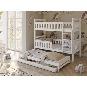 Drveni dječji krevet na kat Kors s tri kreveta i ladicom - bijeli - 160/180*80 cm