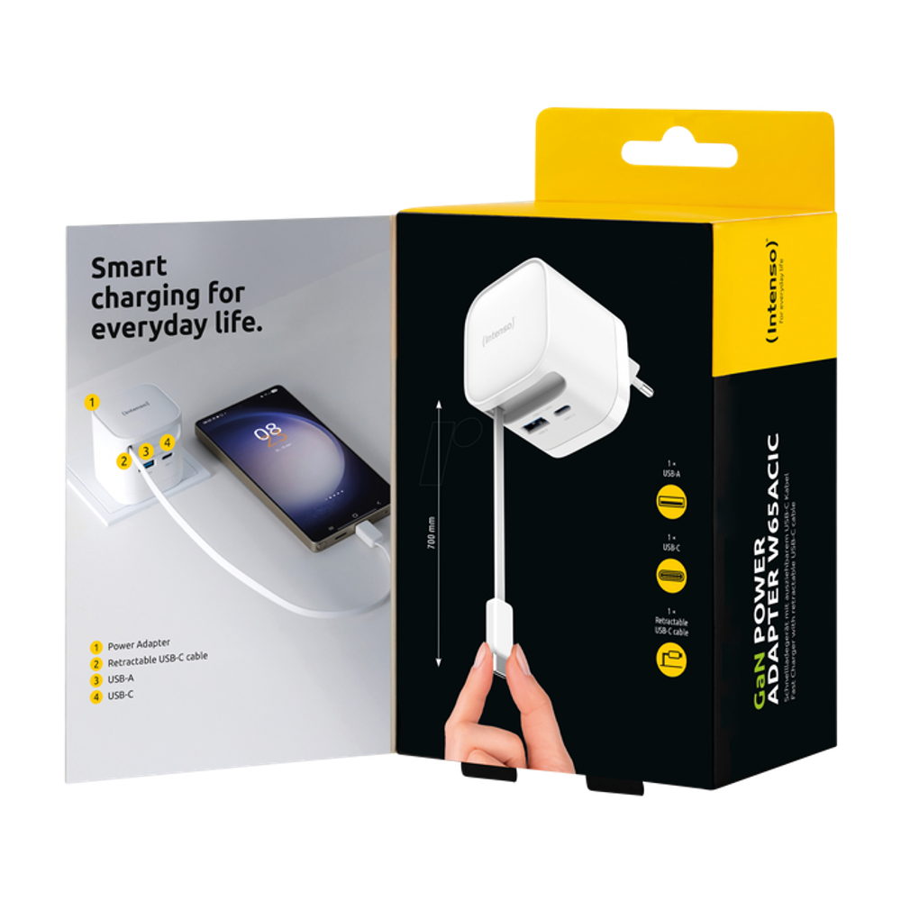 Intenso 65W GaN napajalnik z vgrajenim kablom USB-C, bel slika 10
