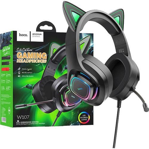 hoco. Slušalice sa mikrofonom, gaming, USB/3.5 mm, LED - W107 Cute Cat Black/Green slika 1