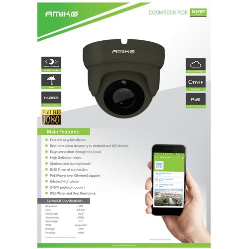 Amiko Home Kamera IP 5 MP, 1/2.8" SONY Starvis CMOS, HD Lens 2,8mm - D20M500B PoE slika 2