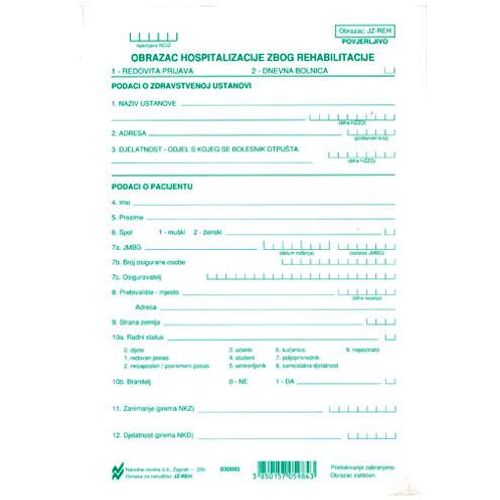 JZ-REH OBRAZAC HOSPITALIZACIJE ZBOG REHABILITACIJE (Obrazac JZ - REH); List, 14,8 x 21 cm slika 2