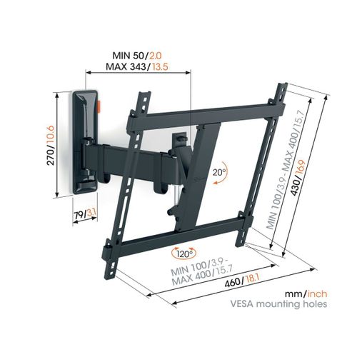 Vogels TVM3423, zidni nosač za ekrane od 32"-65", nagib do 20° pomak 120°, 25kg slika 2