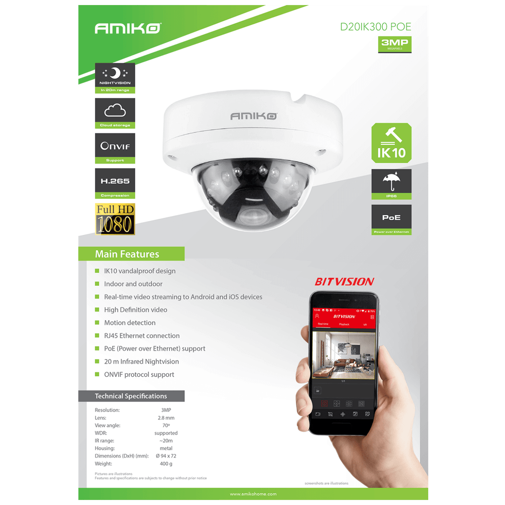 Amiko Home Kamera IP 3 MP, PoE, 1/2.8" CMOS, 2.8mm, IK10 - D20IK300 POE slika 2