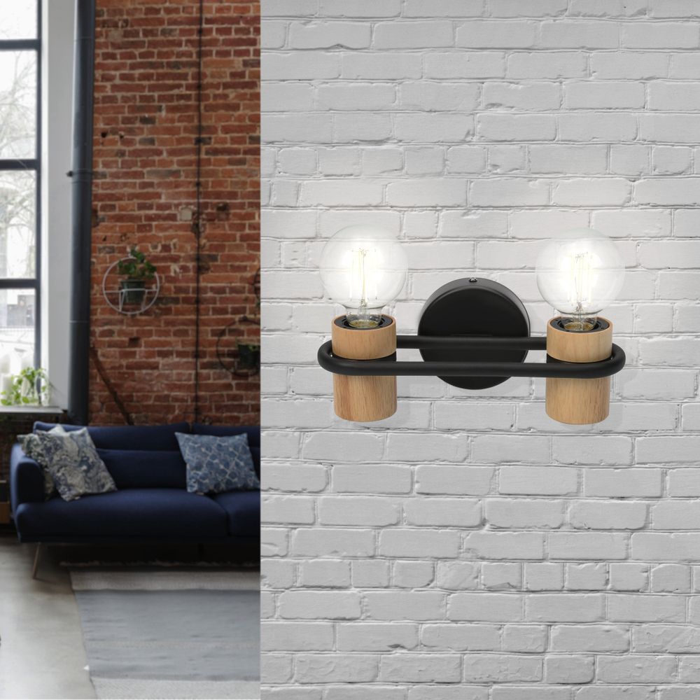Eglo zidna lampa 'Chieveley' E27, crna/boja drveta slika 2