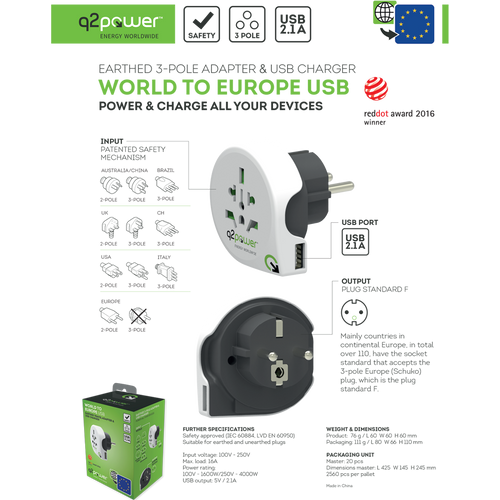 q2power Adapter, putni, univerzalni sa USB-om - WORLD TO EUROPE USB slika 4