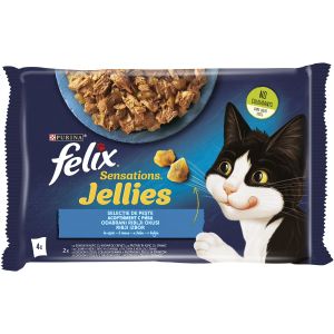 FELIX Sensations Jellies, za odrasle mačke, mokra hrana s lososom u želeu i s pastrvom u želeu, 4x85g