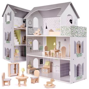 Drvena kućica za lutke + namještaj 70cm siva