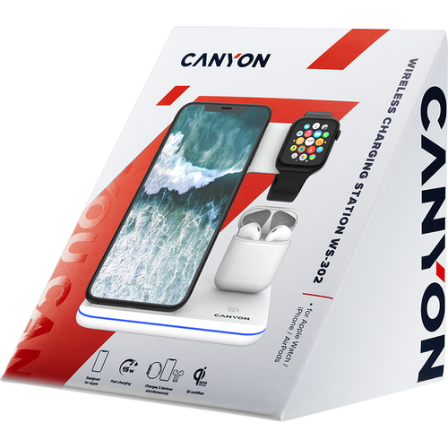 CANYON WS-302 3in1 Wireless charger, with touch button for Running water light, Input 9V/2A, 12V/2A, Output 15W/10W/7.5W/5W, Type c to USB-A cable length 1.2m, 137*103*140mm, 0.22Kg, White slika 2