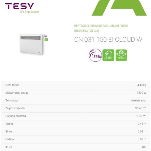 Tesy CN 031 150 EI CLOUD W Wi-Fi Električni panel radijator, 1500 W, Širina 63 cm slika 6