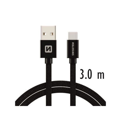 SWISSTEN kabel USB/USB-C, platneni, 3A, 3m, crni slika 1