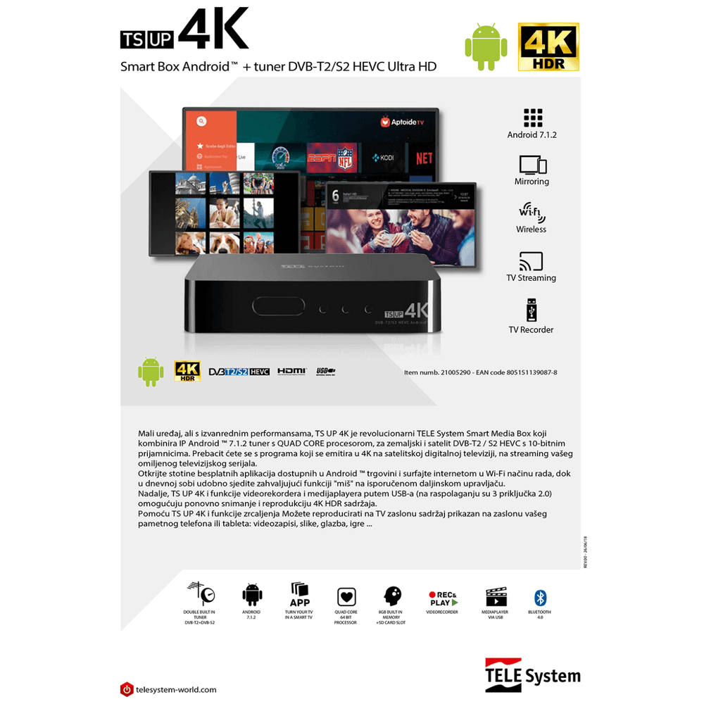 TELE System Prijemnik combo, Android , DVB-S2/T2, 4K, HEVC/10 bit - TS UP4K slika 4