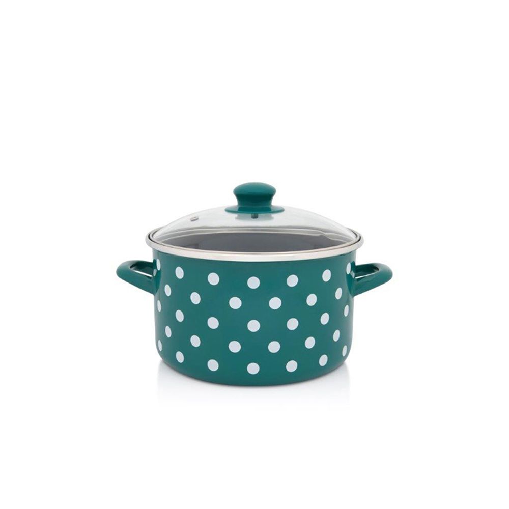 Metalac šerpa duboka sa staklenim poklopcem GREEN DOTS 22 cm / 5.0 l zeleno sa bijelim tufnama  slika 1