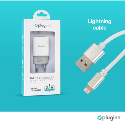 Kućni punjač Pluginn PI-D47, 5V, 2.4A, 12W 2xUSB sa lightning kablom beli slika 3