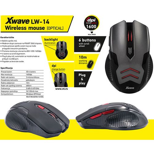 Xwave LW-14 Miš bežični optički USB do 1600dpi/2.4Ghz/6-10m/6 tastera/ergonomski slika 4